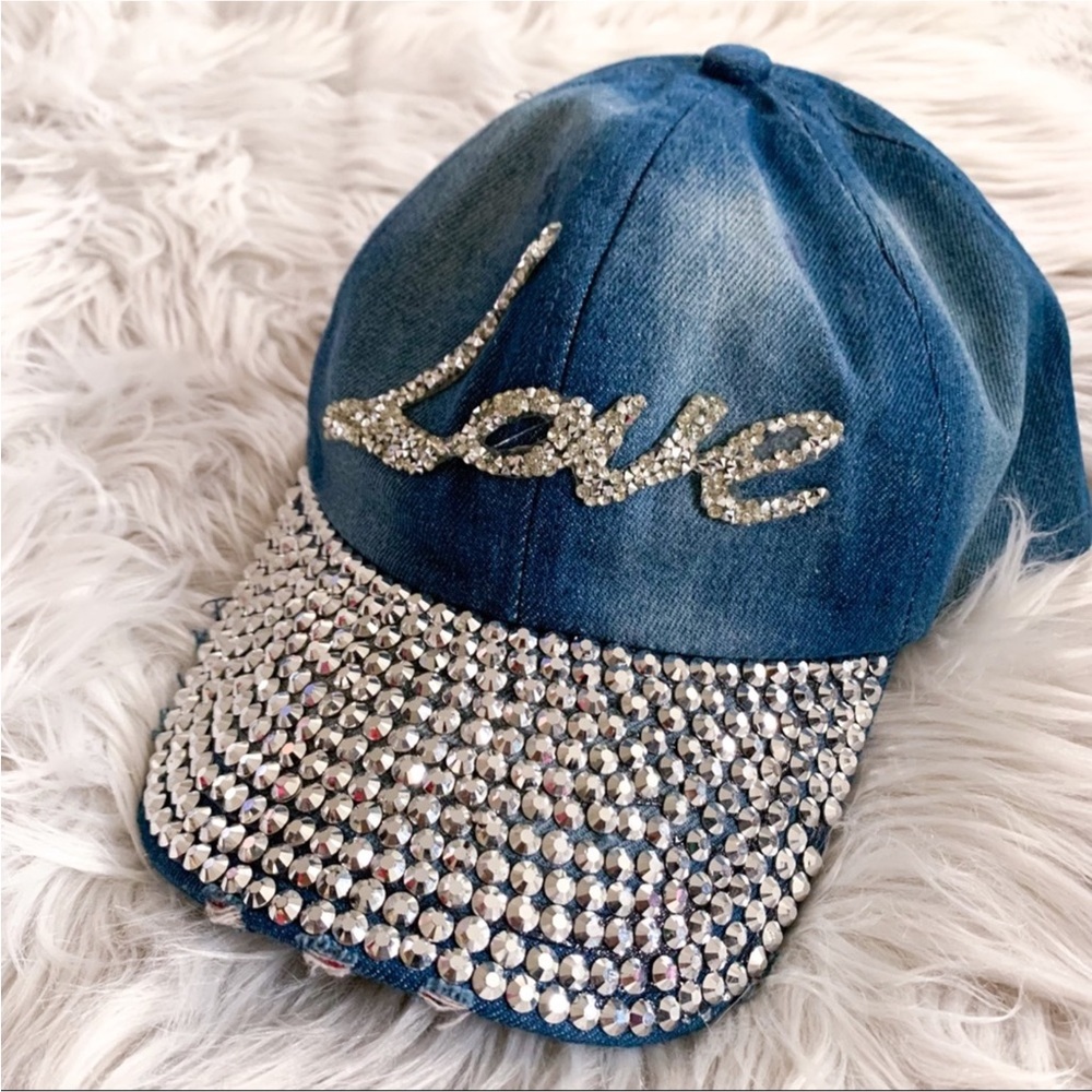 LOVE Distressed Denim Embellished Cap One Size